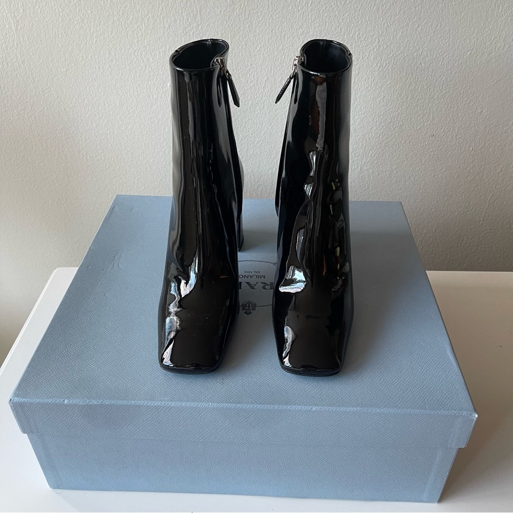 PRADA Square Toe Ankle Boots in Black Patent size 6.5 - Picture 7 of 13
